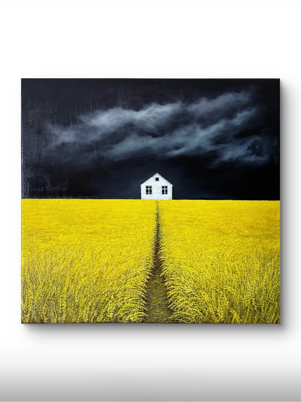 Unsettled 2 Oil Painting on Canvas White House in Yellow Field Art